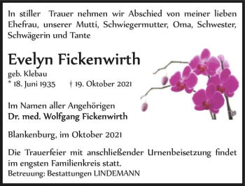 Traueranzeige von Evelyn Fickenwirth (geb. Klebau)  von Magdeburger Volksstimme