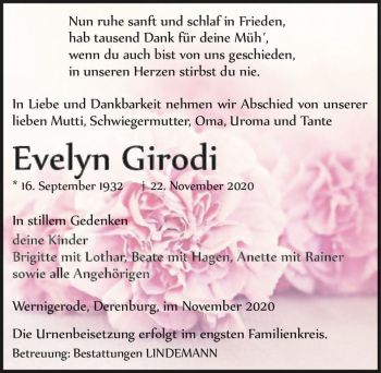 Traueranzeige von Evelyn Girodi  von Magdeburger Volksstimme