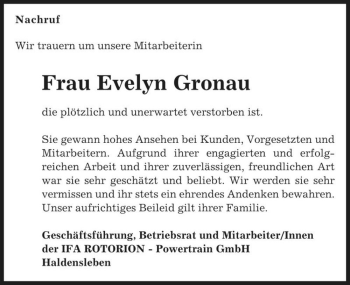 Traueranzeige von Evelyn Gronau  von Magdeburger Volksstimme