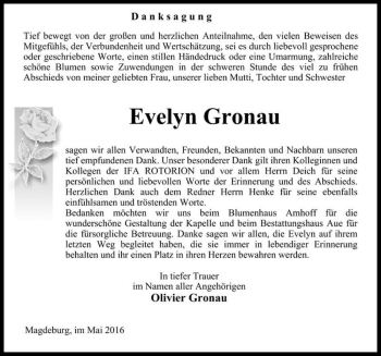 Traueranzeige von Evelyn Gronau  von Magdeburger Volksstimme