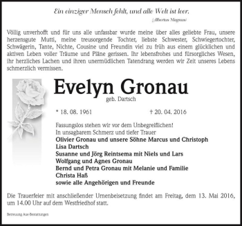 Traueranzeige von Evelyn Gronau (geb. Dartsch)  von Magdeburger Volksstimme