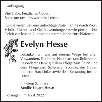 Traueranzeige von Evelyn Hesse  von Magdeburger Volksstimme