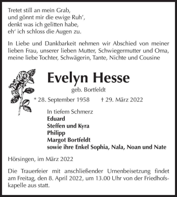 Traueranzeige von Evelyn Hesse (geb. Bortfeldt)  von Magdeburger Volksstimme