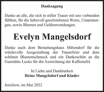 Traueranzeige von Evelyn Mangelsdorf  von Magdeburger Volksstimme