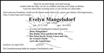 Traueranzeige von Evelyn Mangelsdorf (geb. Ulrich)  von Magdeburger Volksstimme