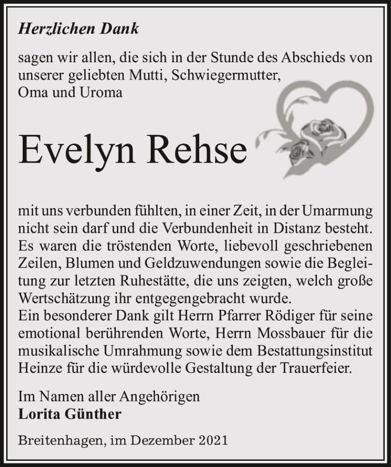  Traueranzeige für Evelyn Rehse  vom 24.12.2021 aus Magdeburger Volksstimme