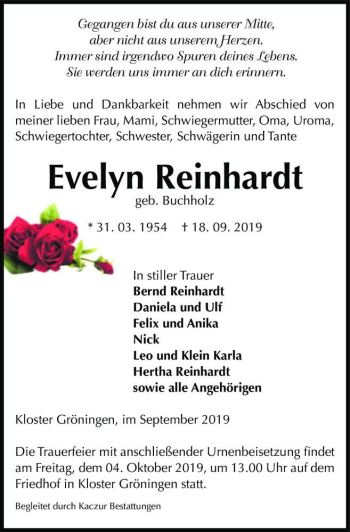 Traueranzeige von Evelyn Reinhardt (geb. Buchholz)  von Magdeburger Volksstimme