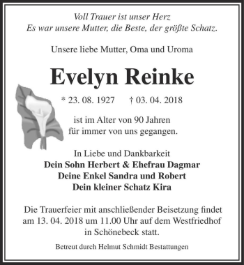 Traueranzeige von Evelyn Reinke  von Magdeburger Volksstimme