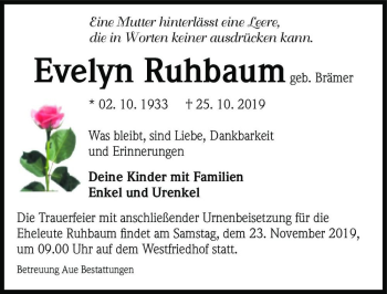 Traueranzeige von Evelyn Ruhbaum (geb. Brämer)  von Magdeburger Volksstimme