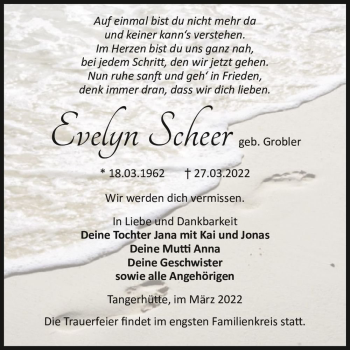 Traueranzeige von Evelyn Scheer (geb. Grobler)  von Magdeburger Volksstimme