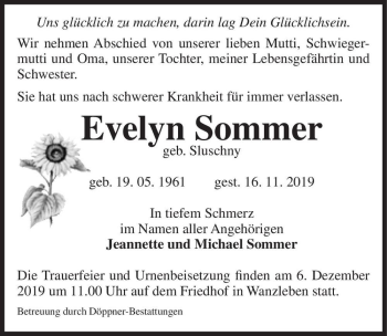 Traueranzeige von Evelyn Sommer (geb. Sluschny)  von Magdeburger Volksstimme