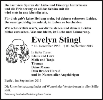 Traueranzeige von Evelyn Stingl  von Magdeburger Volksstimme