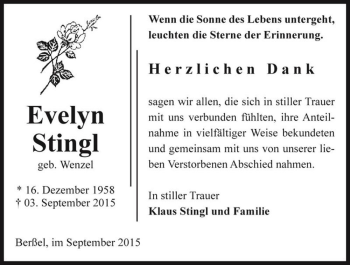 Traueranzeige von Evelyn Stingl (geb. Wenzel)  von Magdeburger Volksstimme