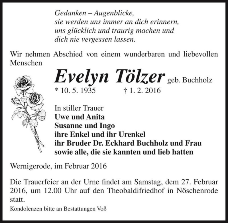  Traueranzeige für Evelyn Tölzer (geb. Buchholz)  vom 06.02.2016 aus Magdeburger Volksstimme