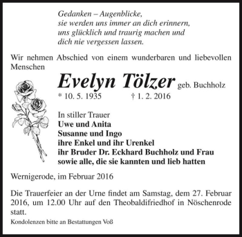 Traueranzeige von Evelyn Tölzer (geb. Buchholz)  von Magdeburger Volksstimme