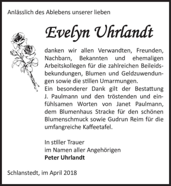 Traueranzeige von Evelyn Uhrlandt  von Magdeburger Volksstimme