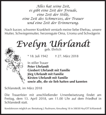 Traueranzeige von Evelyn Uhrlandt (geb. Ehrlich)  von Magdeburger Volksstimme