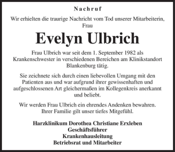 Traueranzeige von Evelyn Ulbrich  von Magdeburger Volksstimme