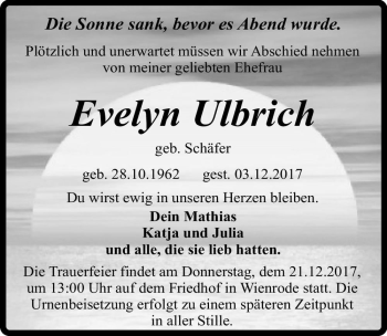 Traueranzeige von Evelyn Ulbrich (geb. Schäfer)  von Magdeburger Volksstimme