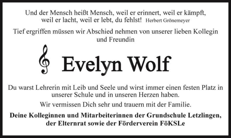  Traueranzeige für Evelyn Wolf  vom 26.05.2017 aus Magdeburger Volksstimme