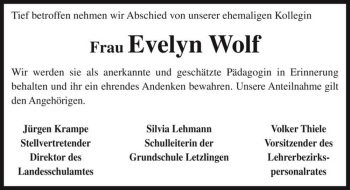Traueranzeige von Evelyn Wolf  von Magdeburger Volksstimme
