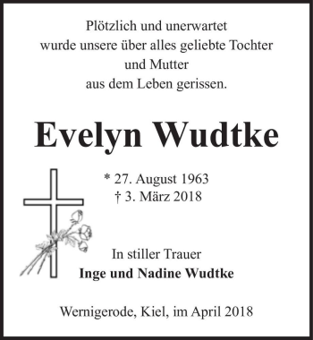 Traueranzeige von Evelyn Wudtke  von Magdeburger Volksstimme
