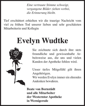 Traueranzeige von Evelyn Wudtke  von Magdeburger Volksstimme