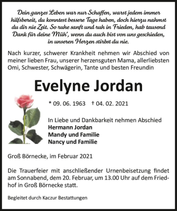Traueranzeige von Evelyne Jordan  von Magdeburger Volksstimme