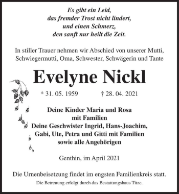 Traueranzeige von Evelyne Nickl  von Magdeburger Volksstimme