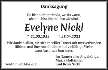 Traueranzeige von Evelyne Nickl  von Magdeburger Volksstimme