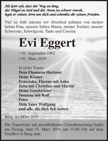 Traueranzeige von Evi Eggert  von Magdeburger Volksstimme