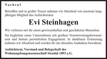 Traueranzeige von Evi Steinhagen  von Magdeburger Volksstimme