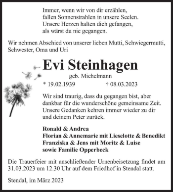 Traueranzeige von Evi Steinhagen (geb. Michelmann)  von Magdeburger Volksstimme