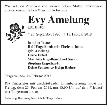 Traueranzeige von Evy Amelung (geb. Bieber)  von Magdeburger Volksstimme