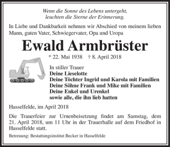 Traueranzeige von Ewald Armbrüster  von Magdeburger Volksstimme