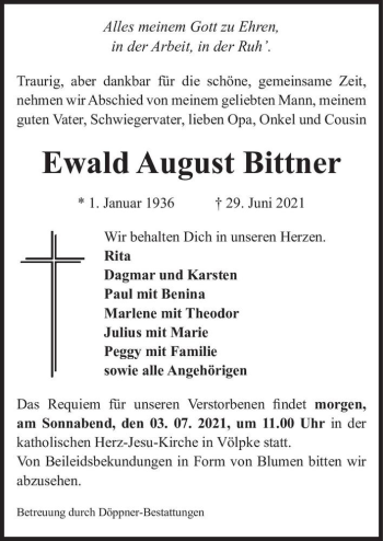 Traueranzeige von Ewald August Bittner  von Magdeburger Volksstimme