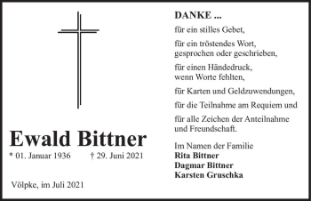 Traueranzeige von Ewald Bittner  von Magdeburger Volksstimme