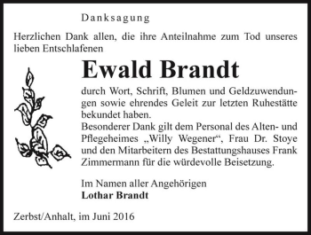 Traueranzeige von Ewald Brandt  von Magdeburger Volksstimme