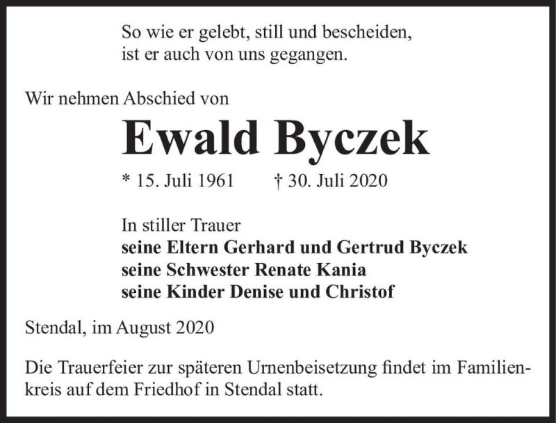  Traueranzeige für Ewald Byczek  vom 07.08.2020 aus Magdeburger Volksstimme