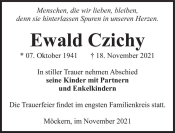 Traueranzeige von Ewald Czichy  von Magdeburger Volksstimme