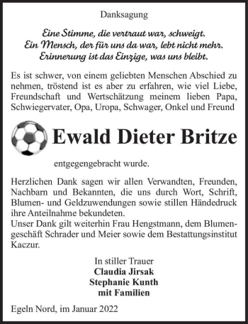 Traueranzeige von Ewald Dieter Britze  von Magdeburger Volksstimme