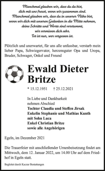 Traueranzeige von Ewald Dieter Britze  von Magdeburger Volksstimme