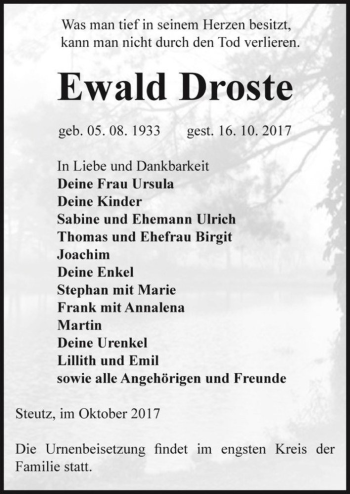 Traueranzeige von Ewald Droste  von Magdeburger Volksstimme