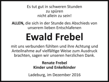Traueranzeige von Ewald Frebel  von Magdeburger Volksstimme