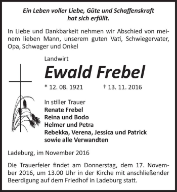 Traueranzeige von Ewald Frebel  von Magdeburger Volksstimme