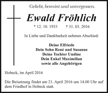 Traueranzeige von Ewald Fröhlich  von Magdeburger Volksstimme
