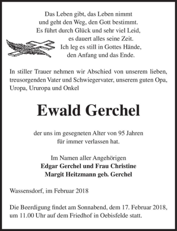 Traueranzeige von Ewald Gerchel  von Magdeburger Volksstimme