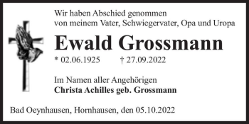 Traueranzeige von Ewald Grossmann  von Magdeburger Volksstimme