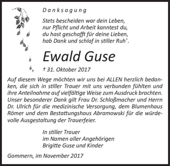 Traueranzeige von Ewald Guse  von Magdeburger Volksstimme
