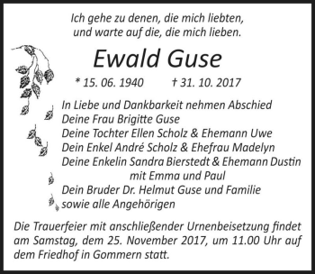 Traueranzeige von Ewald Guse  von Magdeburger Volksstimme